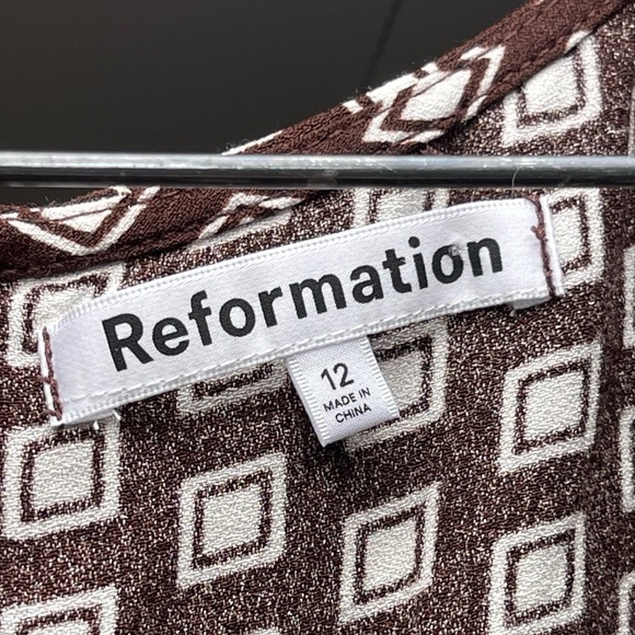 Reformation Noha Geo Print Square Neck Sleeveless Mini Dress In Brown 12 Large - Picture 8 of 10